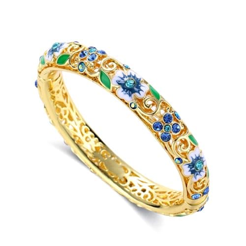 ULira Flor 18K Gold Plated Cloisonne Bangle Bracelets for Women, Inlaid with AAA Cubic Zirconia, Enamel Craft Jewelry-Floral Element,Retro Trendy Fashion Palace Style, Perfect Jewelry Gift Idea for Her, Girlfriend, Wife, Mom, Sister, Lover on Birthday, Christmas, Valentine's Day, Mother's Day