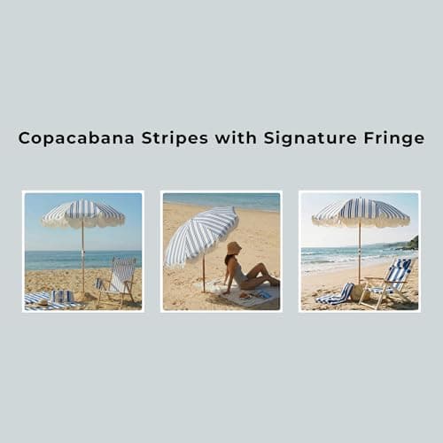DEER LAND 6FT Stripe Fringe Beach Umbrella for Sand with Sand Anchor, UPF 50+ Sun Shade with Tassels, Adjustable Tilt Pole, Portable Coastal Umbrella for Beach & Pool, Heritage Ocean Blue Stripe - Thumbnail 5