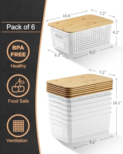 EOENVIVS Plastic Storage Baskets with Bamboo Lids for Pantry Organization and Storage Containers Bins for Shelves Drawers Desktop Closet Playroom Classroom Office Home, 6 Pack,White - Thumbnail 2