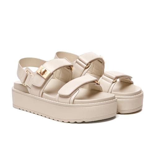 Rihero Womens Platform Sandals Leather Comfortable Wide Width Nude Sandals Double Strap Summer Flatform Beach Sandals Size 8.5 - Thumbnail 5