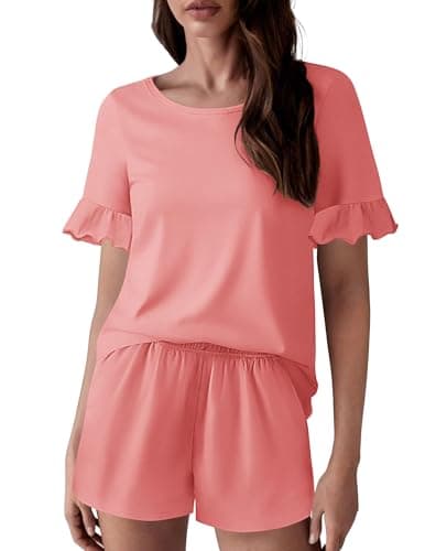 Ekouaer Womens Cotton Pajamas Set Ruffle Sleeves Top and Short Soft Sleepwear 2 Piece Lounge Set with Pockets orange S