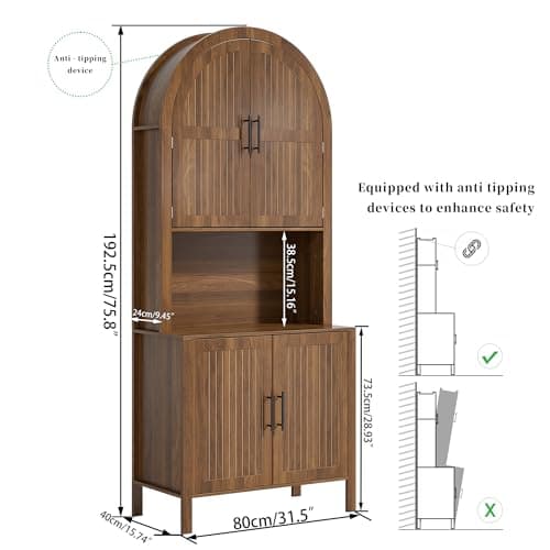 zofiauai 76" Tall Arched Kitchen Pantry,Large Storage Cupboard with Fluted Doors,Microwave Shelf,Modern Wooden Buffet Sideboard,Adjustable Shelves,Cabinet for Dining,Living Room,Walnut - Thumbnail 2