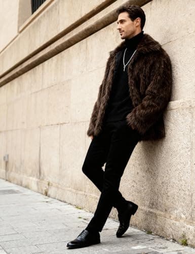 Eisctnd Men's Faux Fur Coat, Warm Fluffy Fuzzy Fleece Jacket with Lapel Collar for Winter Fashion Trench Outerwear(Coffee-S) - Thumbnail 6