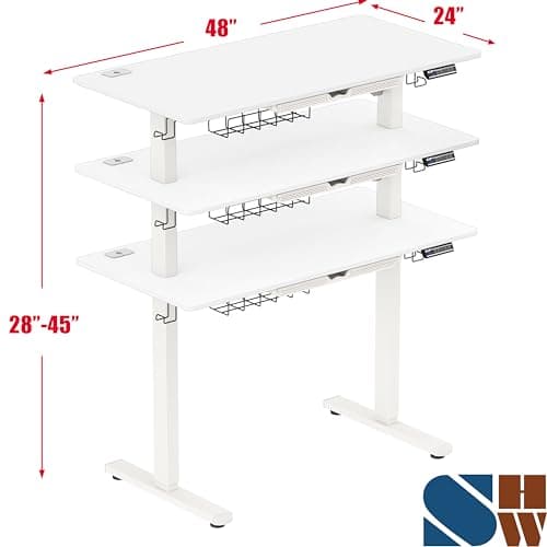 SHW 48-Inch Electric Height Adjustable Standing Desk with Drawer, Memory Preset and Cable Management Tray, White - Thumbnail 3