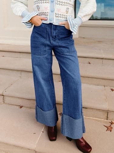 PLNOTME Womens Baggy Cuffed Jeans Casual Straight Leg Boyfriend Denim Pants with Pockets Navy - Thumbnail 3