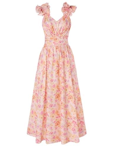 GRACE KARIN 2025 Women's Summer Floral Print Sleeveless Long Casual Flowy A Line Ruffle Wedding Guest Maxi Dress Apricot Floral L - Image 1