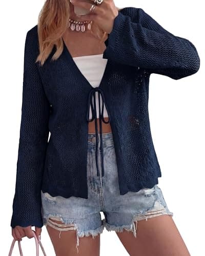 BTFBM Summer Cardigans for Women Lightweight 2026 Spring Crochet Hollow Out Long Sleeve Tie Front Beach Vacation Coverups(Navy Blue, XX-Large) - Image 1