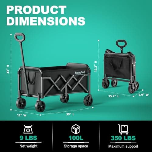 SUNNYFEEL Lightweight Folding Wagon Cart, 350LBS Portable Wagon Carts Foldable for Shopping Camping Garden Beach,Black - Thumbnail 2