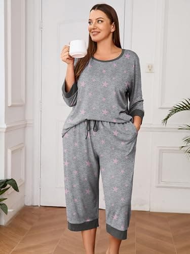 AusLook Women’s Plus Size Pajama Sets Printed 3/4 Sleeve Nightwear Top and Capri Pants 2 Piece Lounge Set with Pockets - Thumbnail 3