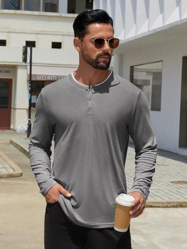 Hardaddy Men's Long Sleeve Henley Shirts Casual Color Block Henley Button T-Shirt Tops Deep Gray XXL - Thumbnail 3