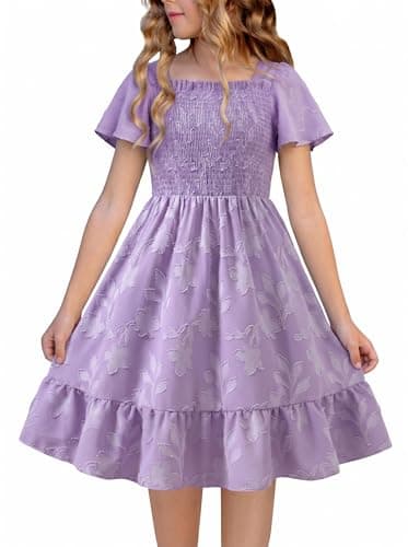 FREELYVE Tween Girls Summer Floral Dress Smocked Ruffle Sleeve Beach Party Boho Flowy Dresses with Pockets,Purple,6-7Y - Image 1