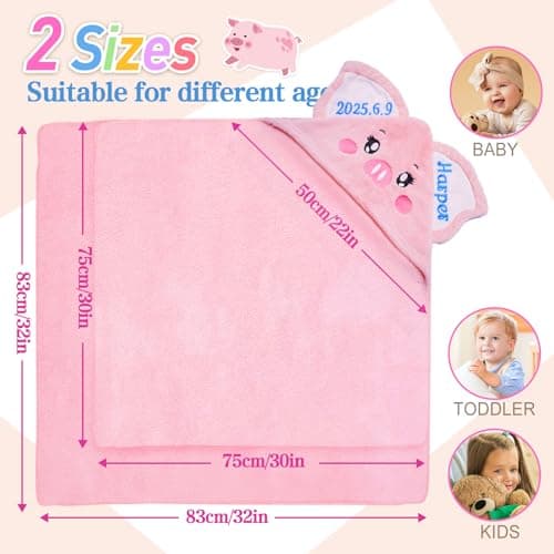 Individz Custom Hooded Bath Towel with Name, Personalized Highly Absorbent Bunny Towels, Baby Bath Towels for Girls Boys, Brithday for Baby, Toddler, Newborn (Piglet-Pink) - Thumbnail 2