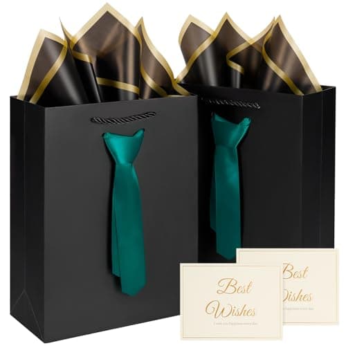 2 Pcs Black birthday gift bags with Handles and Pre-Tied, 2 tissue paper and 2Greeting Cards,Fathers Day Gift Bag, thank you gift bags for men , Teacher Appreciation gift bags,Graduation Party Wedding gift-bags (Small -black/green) - Image 1