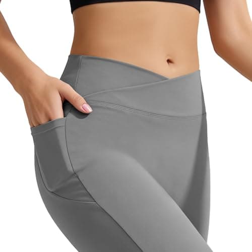AMLEER Women's V Waist Side Split Wide Leg Yoga Leggings - High Waisted Crossover Stretchy Workout Flare Yoga Pants（Gray, Small - Thumbnail 4