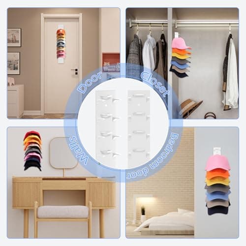 Hat Organizer for Baseball Caps, 2 Pack Hat Rack for Wall Hold up to 18 Hats Strong Adhesive Hat Hooks Stand Multilayer Hat Hanger Organizer Storage Holder Display for Door Closet Bedroom（White) - Thumbnail 6