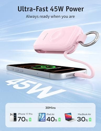 RORRY CharmGo Portable Charger 45W Fast Charging, 10000mAh Keychain Power Bank with Built-in Cables, Battery Pack for iPhone 17/16/15/14/13/12/11 Pro/Max and Apple Watch Ultra/11/10/9/SE, iPad - Thumbnail 3
