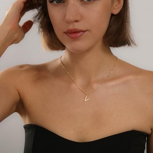 KISSCLOUD Initial Necklaces for Women 14K Gold Plated Dainty Letter Charm Necklace Personalized Name Pendant Bead Chain V Necklace Non Tarnish Trendy Jewelry Gift - Thumbnail 3