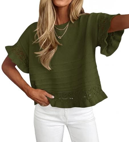 KIRUNDO Short Sleeve Sweater for Women 2026 Spring Summer Tops Crochet Round Neck Ruffled Hem Knit Pullover Casual Blouse(Army Green, X-Large) - Image 1