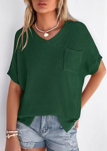 PRETTYGARDEN Women's 2026 Spring Short Sleeve Sweaters Lightweight V Neck Casual Going Out Summer Tops Beach Vacation Clothes (Green,Medium) - Thumbnail 2