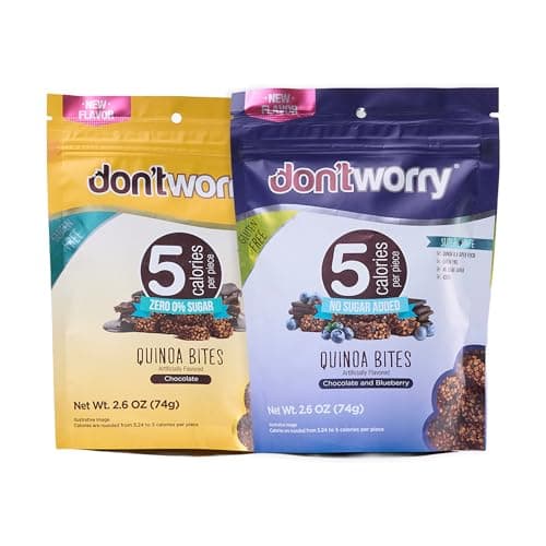 Don't Worry Quinoa Organic Bites | Chocolate & Blueberry Flavor | Sugar Free Candy 5 Calories Per Piece | Keto, Gluten Free, Low Carb, Protein & Fiber Cookies | Healthy Snacks For Adults | 2 Pack