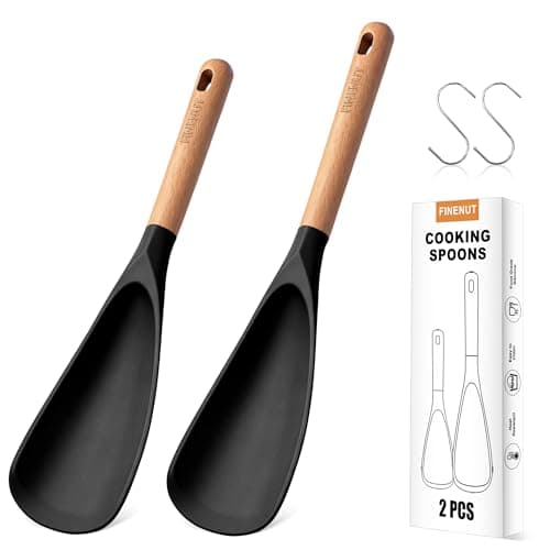 FINENUT 13" & 11" Silicone Cooking Spoons 2-Pack with S-Hooks - Wooden Handle Spoonula Set for Nonstick Cookware - Heat Resistant 446°F Spatula Spoon for Mixing & Serving, BPA Free（Black）