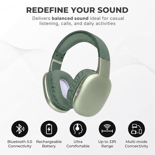 iJoy Ultra Wireless Over-Ear Bluetooth Headphones with Mic, Bluetooth Headset with Backup Wire & SD Slot, Wireless Headphones for Work, School & Gym (Green) - Thumbnail 3