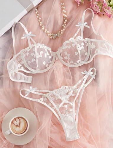Avidlove Bridal Lingerie for Women Sexy Underwire Lingerie Set Cute Push Up Bra and Panty Set White L - Thumbnail 5