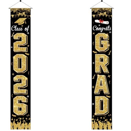 Graduation Decorations 2026 Grad Porch Banner Congrats Grad Class of 2026 Banner Black Door Sign Welcome Banner for Any Schools Indoor Outdoor Wall Graduation Decorations - Image 1