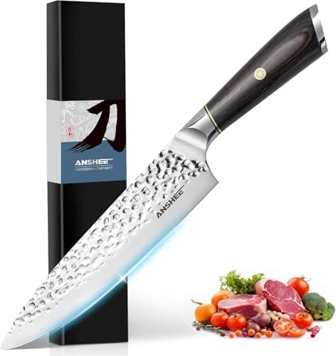 anshee Japanese Chef Knife,8 Inch Gyuto Handcrafted Hammered Texture Ultra Sharp Professional Kitchen Knives, High Carbon Super Steel Kitchen Utility Knife,A Thoughtful Birthday Gifts for Mom/Dad