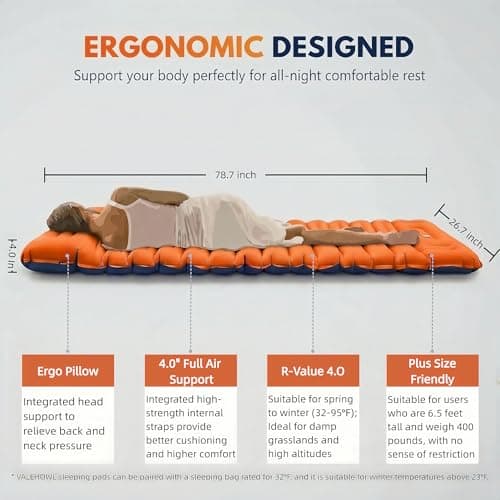 VALEHOWL 4" Thick Camping Sleeping Pad, R4.0 Compact Air Mattress for Tent - Thumbnail 2
