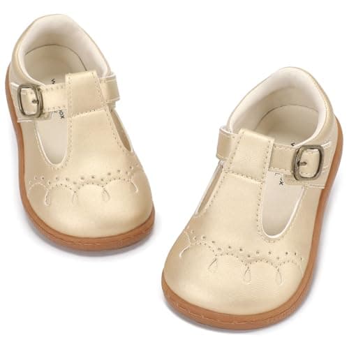WIDE TOE BOX Toddler Mary Jane Dress Shoes Little Girl Party Dress Shoes Uniform Shoes for School Wedding Shoes,Gold Toddler 6 - Image 1
