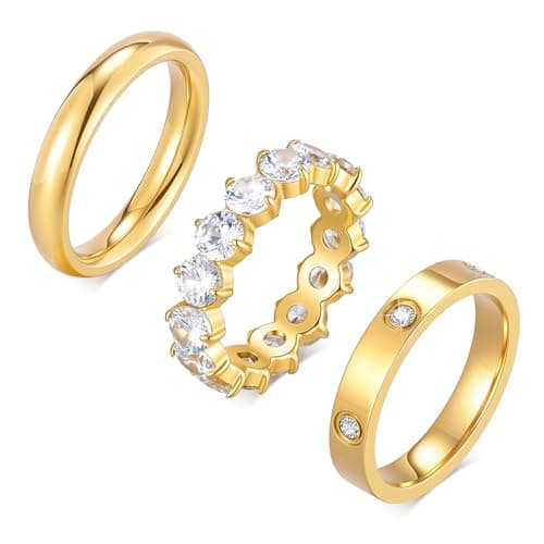 Stackable Gold Rings for Women - 3Pcs 18K Gold Plated Ring, Stainless Steel Cubic Zirconia Band, Waterproof Non-Tarnish Minimalist Jewelry Daily Fashion Birthday Valentines Day Gift for Her Girlfriend