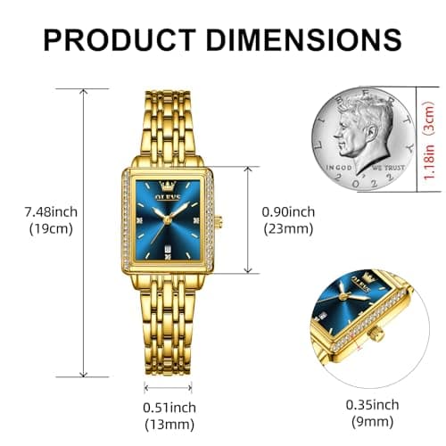 OLEVS Watch Women Gold Watches for Women Rectangle Blue Face Waterproof Stainless Steel Small Wrist Womens Watch Dainty Elegant Analog Quartz Ladies Watches Reloj para Mujer - Thumbnail 4