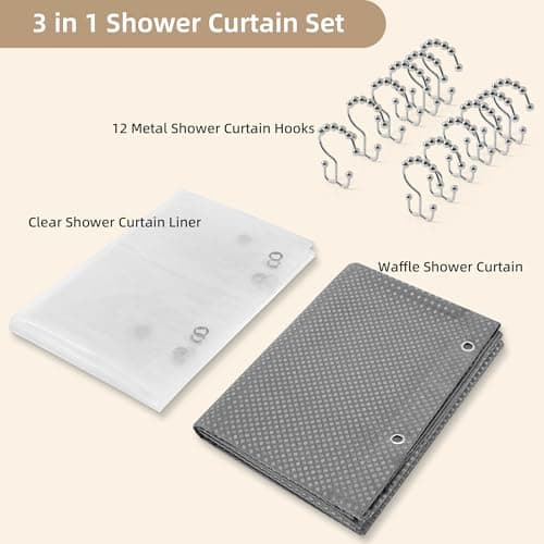 Lameirose Grey Shower Curtain and Liner Set, 3 in 1 Waffle Shower Curtain Set with 12 Double Sided Shower Curtain Hooks, Fabric Shower Curtains for Bathroom 72 x 72 - Thumbnail 4