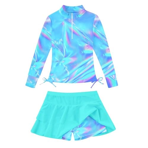 Little Girls Swimsuits Rash Guard Sets with Shorts Laser Aurora Bathing Suit Two Pieces Long Sleeve Swimsuit Swimwear Child 2 Piece Swimsuit Size 5-6 Girls Bathing Suits for Holidays 5t 6t UPF50+