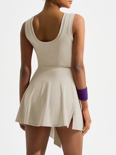 Dokuritu Tennis Dresses for Women Sleeveless Crew Neck Knot Romper Built in Shorts U-Shaped Back Workout Athletic Dress Light Apricot - Thumbnail 2