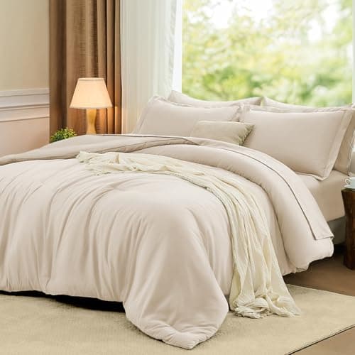 FUANNA Twin XL Comforter Set Beige, 5 Pieces Soft Twin XL Size Bedding Sets, All Season Lightweight Bed in a Bag with Comforter, Flat Sheet, Fitted Sheet, Pillowcase & Sham - Image 1