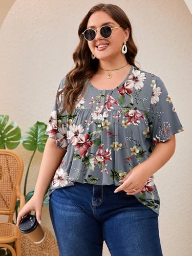 AusLook Plus Size Floral Tunic Tops for Women Pleated Babydoll Blouse Short Sleeve Round Neck Loose Fit Casual Flowy Gray Watercolor Bouquet 3X Tunic Shirts Summer Tops to Wear with Leggings - Thumbnail 3