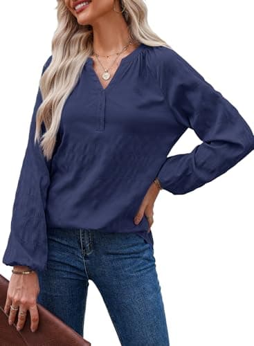 Dokotoo Blouses for Women Dressy Casual Long Lantern Sleeve Navy Blue Shirts V Neck Textured Blouses Spring Clothes 2026 Plus Size Tops Business Casual Outfits Medium - Image 1