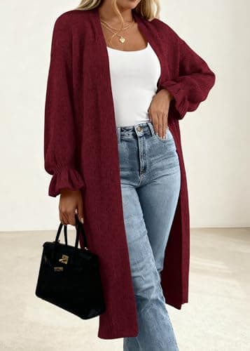 KIRUNDO Long Cardigan Sweaters for Women 2026 Spring Casual Oversized Ruffle Long Sleeve Open Front Chunky Knit Sweater Coats(Burgundy, X-Large) - Thumbnail 2
