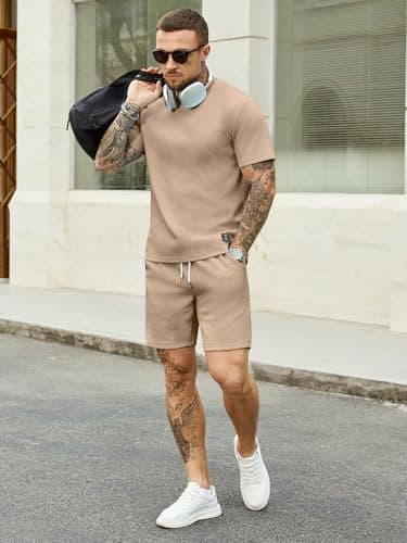 JEMLDL Mens 2 Piece Outfit Set Summer Jacquard T-Shirt Shorts Casual Short Sleeve Lounge Wear Clothing Sets for Men Dark Khaki L - Thumbnail 4