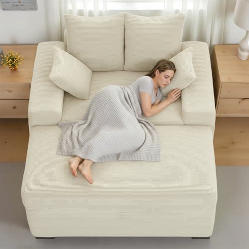 smilesun Luxe Chaise Lounge Chair Indoor with Storage Ottoman, Comfy Corduroy Oversized Lounge Sofa with 4 Pillows, 60" Modern Upholstered Sleeper Couch Bed for Bedroom (Beige, 57 in) - Thumbnail 6