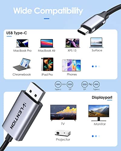LENTION 6FT USB C to DisplayPort Cable Adapter (4K@60Hz,2K@165Hz), Type C to DisplayPort Cord Compatible with 2025-2016 MacBook Pro/Air, 2026 MacBook Neo, iPad/Surface/Mac mini,Dell(2M,Gray) - Thumbnail 5