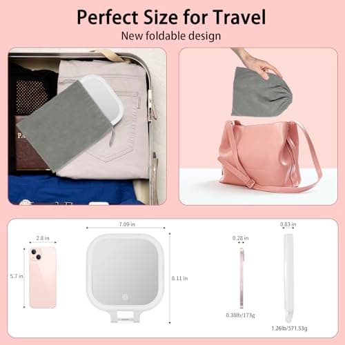 DESCHEN Travel Makeup Mirror with Lights, Rechargeable 1X/10X Magnifying Vanity Mirror, Portable Lighted Makeup Mirror with Magnification & 3 Color Light, Dimmable Touch Screen, Folding LED Mirror 7" - Thumbnail 5