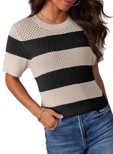 Dokotoo Summer Tops for Women Fashion Striped Short Sleeve Shirts 2026 Cute Color Block Round Neck Knitted Top Blouses Womens Casual Spring T Shirts Black Small - Image 1
