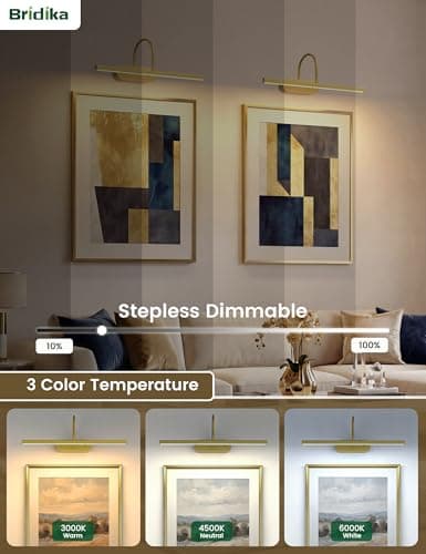 Rechargeable Picture Lights for Wall, Battery Operated Wall Light with Flexible Gooseneck, Wireless Art Lighting for Paintings & Portraits, Remote Control, 3 Colors Dimmable, Timer (Gold, 1 Pack) - Thumbnail 3