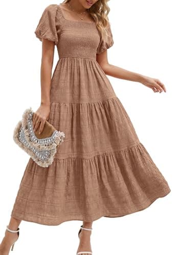 PRETTYGARDEN Womens Summer Puff Short Sleeve Maxi Dress Square Neck Smocked Tiered Ruffle A Line Long Flowy Beach Dresses (Khaki,Medium) - Image 1