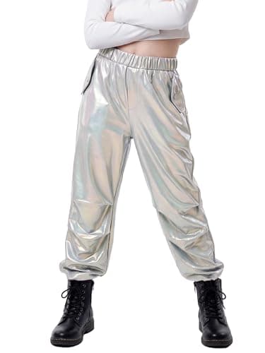 Stelle Girls Metallic Cargo Pants Shiny Hip Hop Dance Joggers Sparkly Stretchy Wide Leg Street Pants for Kids,Holograph Silver,12-13 Years - Image 1