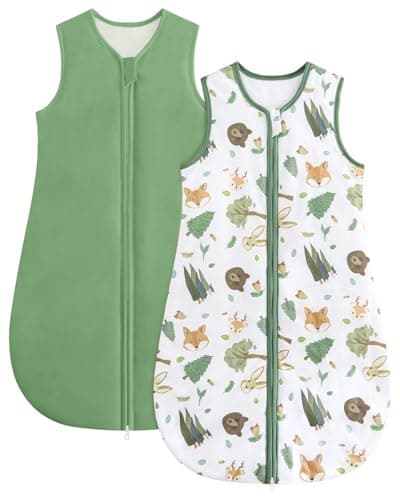 WYTbaby Baby Sleep Sack 1.5TOG 2 Pack Cotton SleepSack for Spring Summer Wearable Blanket with 2-Way Zipper,Green Fox,12-18 Months
