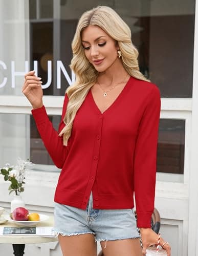 GRACE KARIN Womens Red Cardigan Sweaters Lightweight Button Up Spring Cardigans Knit Shrug Trendy Summer Outfits XL - Thumbnail 3